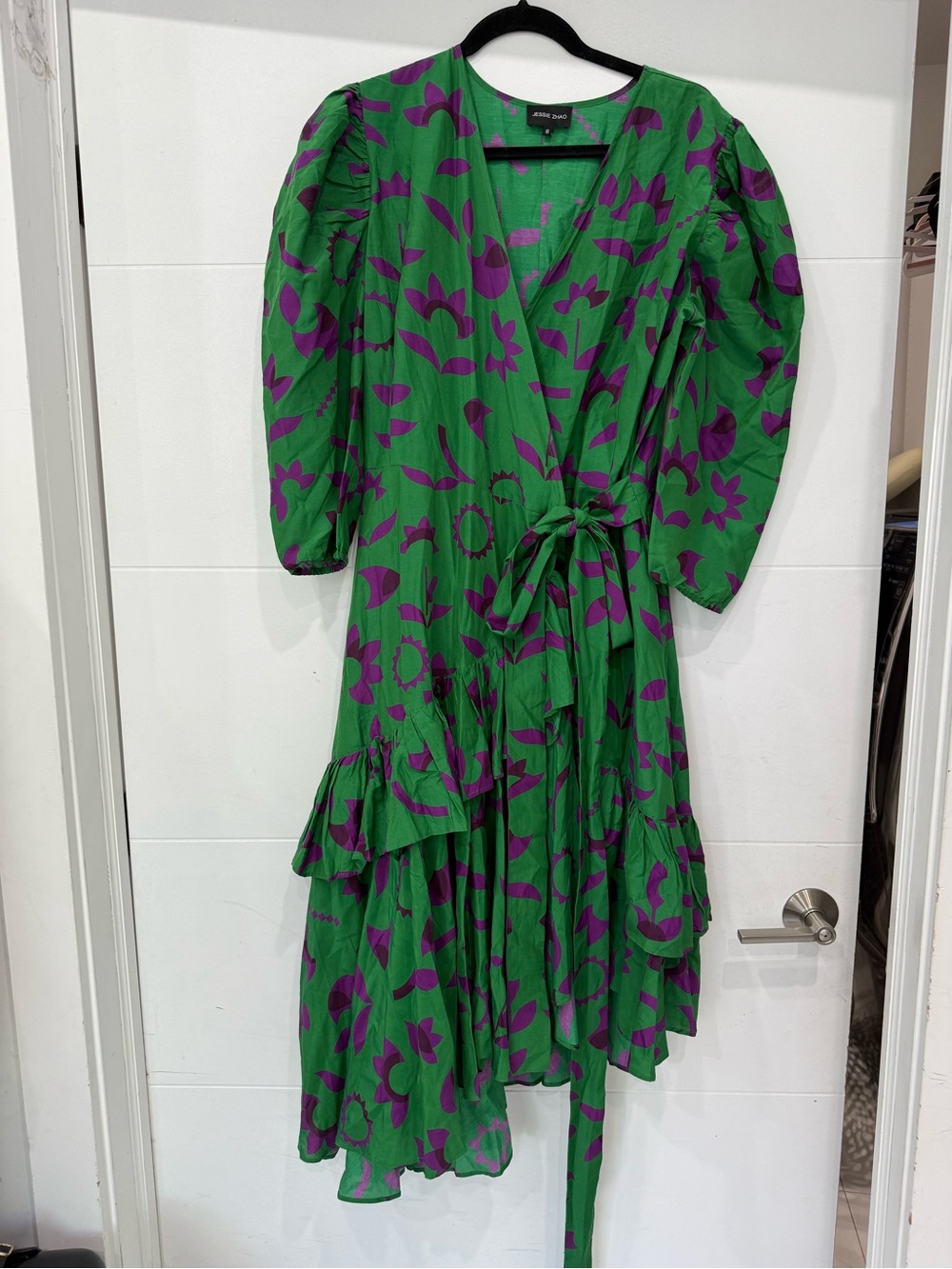 Green Floral Wrap Maxi Dress with Purple Motif